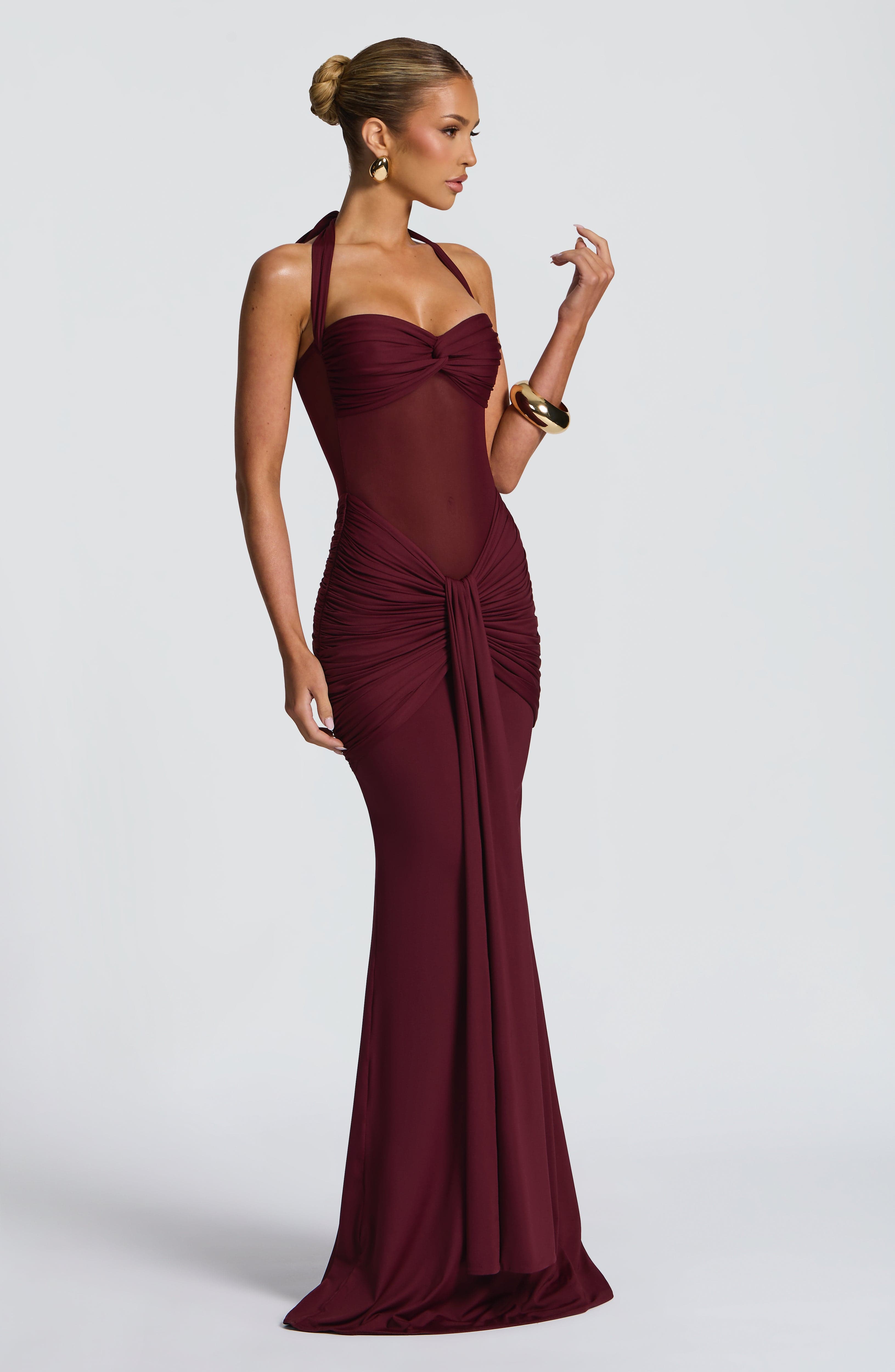 Women's Red Halter Neck Sweetheart Ruched Fitted Maxi Evening Dress Wedding Guest