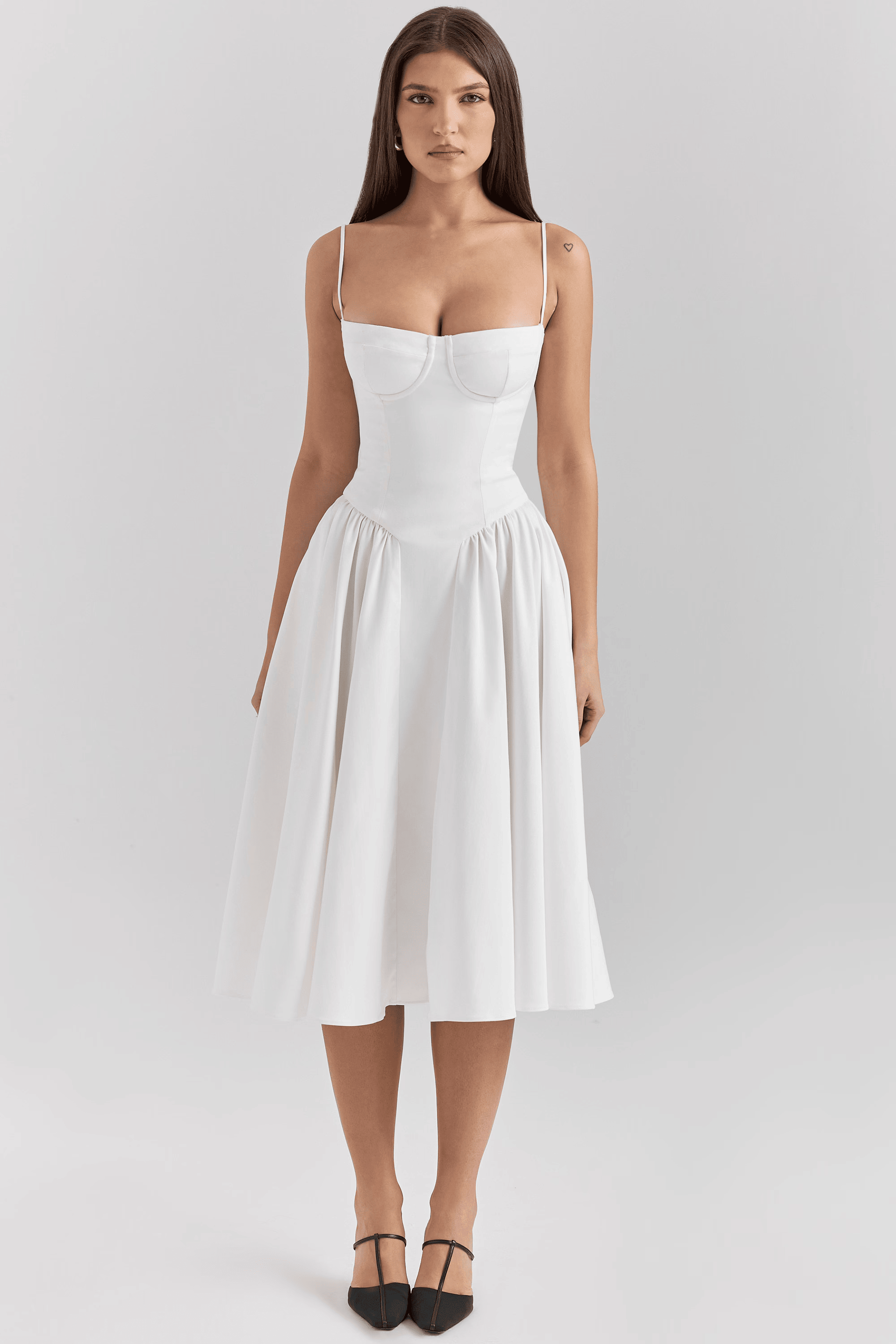 Women's Navy Sweetheart Neck Spaghetti Strap Corset Bodice Flared Midi Dress