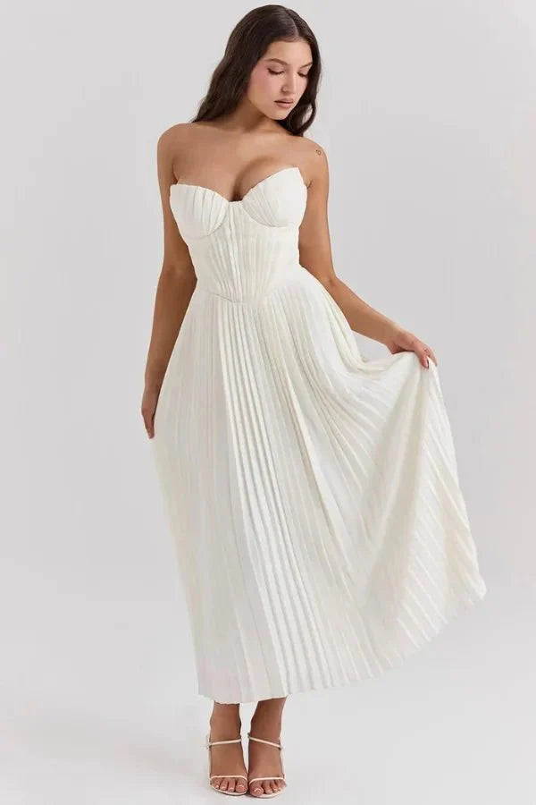 Women's Strapless Sweetheart Neck Pleated Midi Dress Wedding Bridal