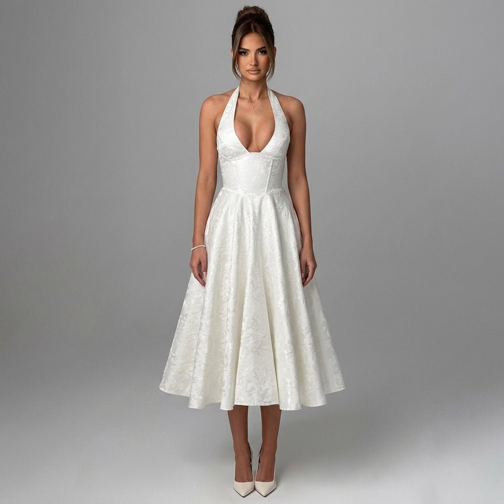 Women's Halter Neck Bow Deep V-Back Full A-Line Midi Dress Cocktail Formal