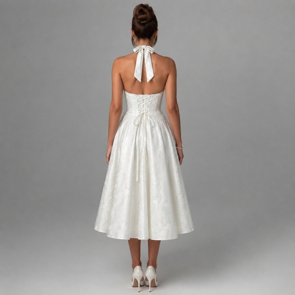 Women's Halter Neck Bow Deep V-Back Full A-Line Midi Dress Cocktail Formal