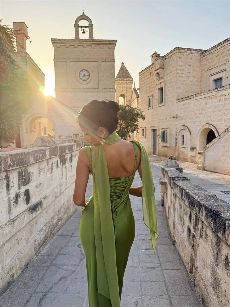 Women's Green Cowl Neck Sleeveless Fitted Maxi Evening Dress Wedding Guest