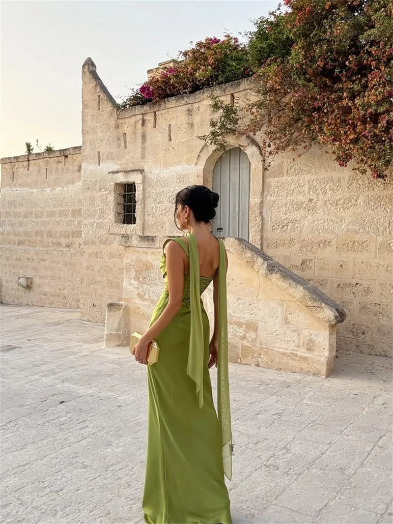 Women's Green Cowl Neck Sleeveless Fitted Maxi Evening Dress Wedding Guest