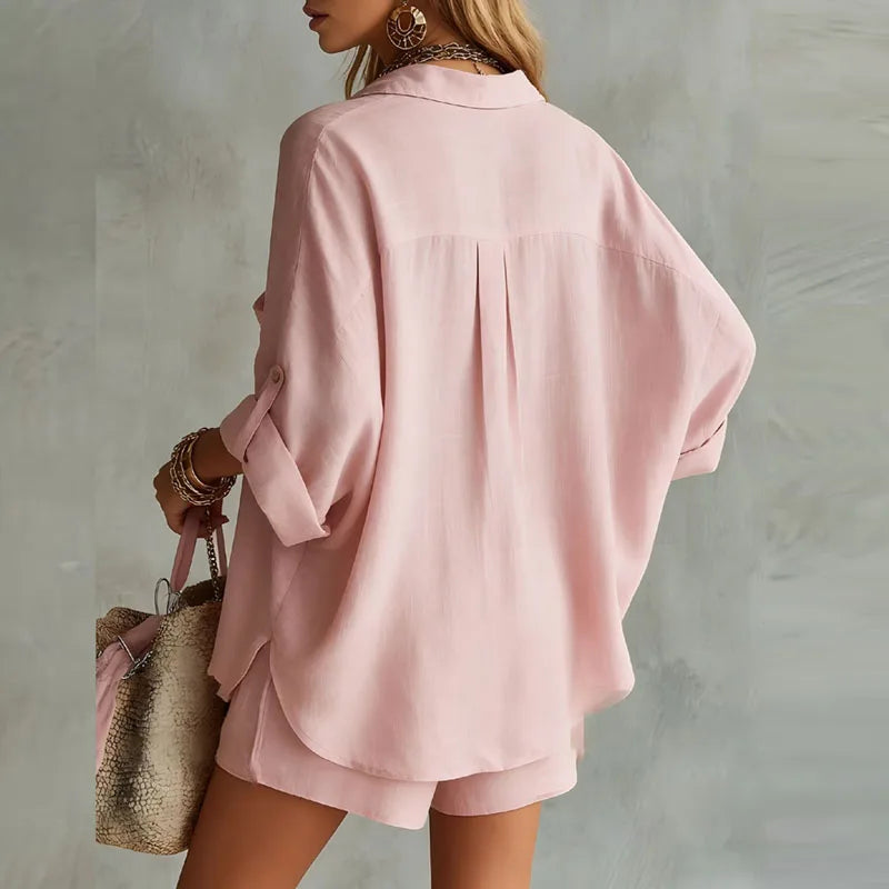 Women's Oversized V-Neck Long Sleeve Shirt and Shorts Two-Piece Set Summer Beach