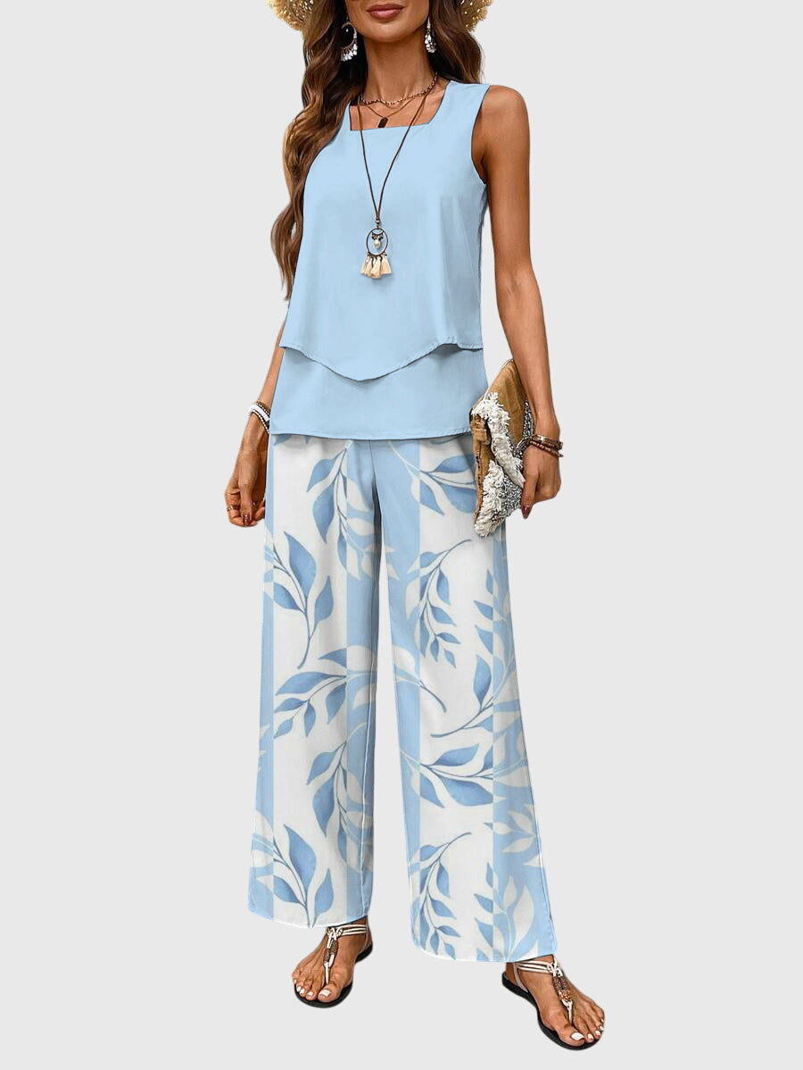 Women's Sleeveless Layered Tank Top and Wide Leg Pants Two-Piece Set Summer Casual