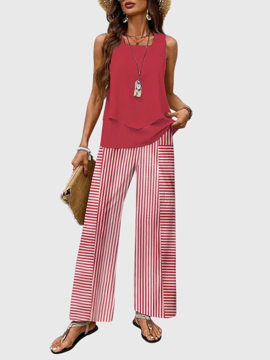 Women's Sleeveless Layered Tank Top and Wide Leg Pants Two-Piece Set Summer Casual