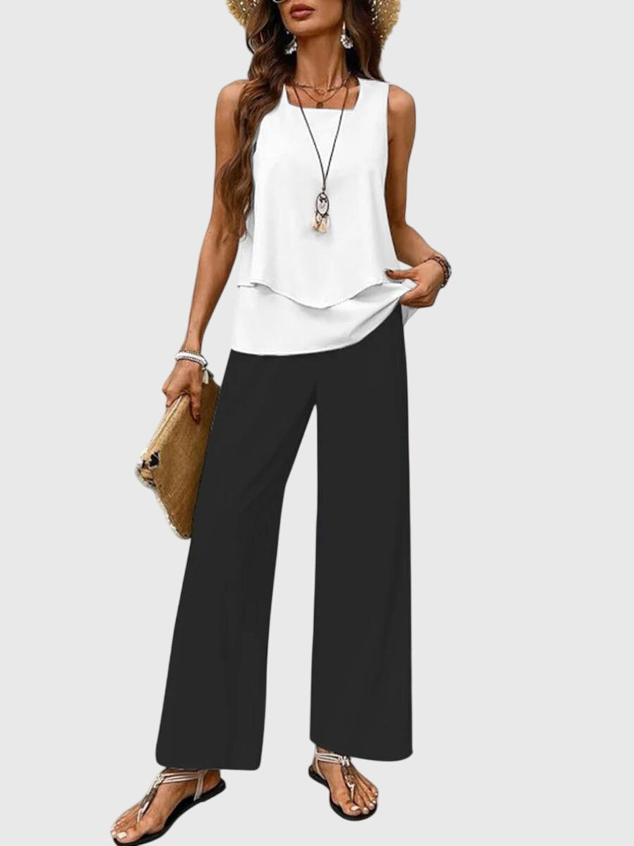 Women's Sleeveless Layered Tank Top and Wide Leg Pants Two-Piece Set Summer Casual