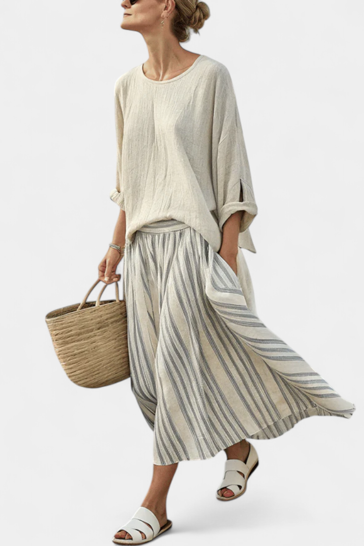 Women's bamboo linen blouse and striped midi skirt set - front view