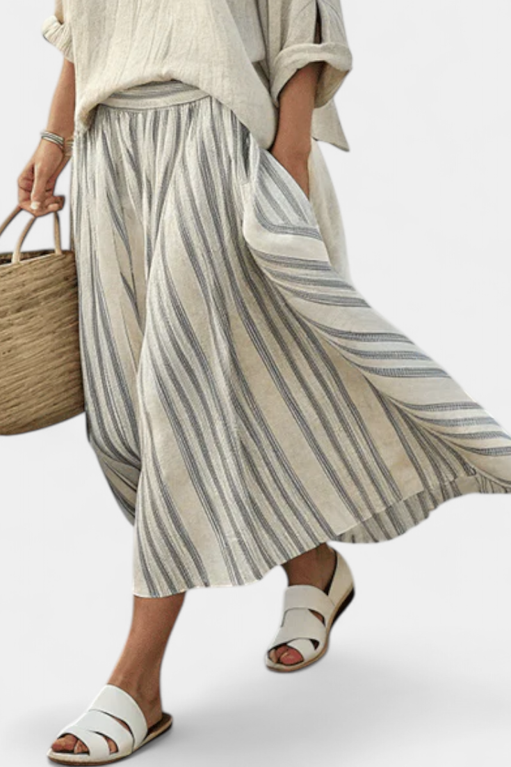 Women's bamboo linen blouse and striped midi skirt set - full view