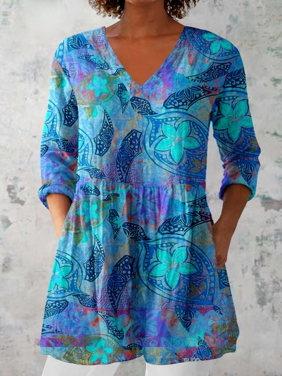 Women's Blue Long V-Neck Blouse - photo 1