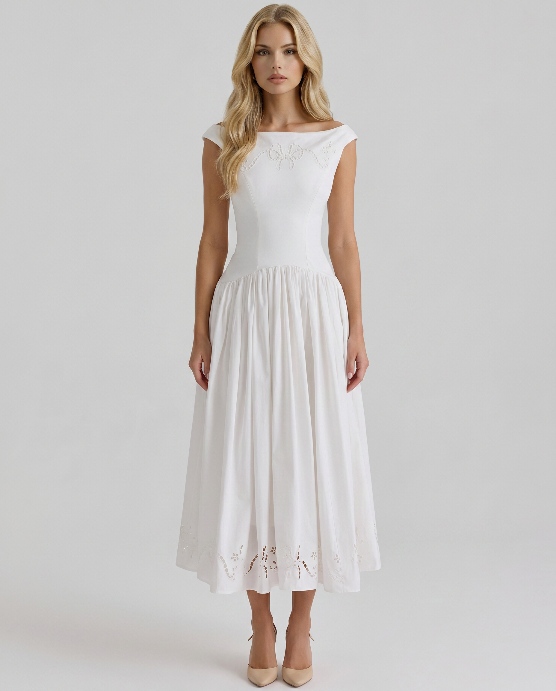 Women's Boat Neck Eyelet Midi Dress | White Casual Summer Dress