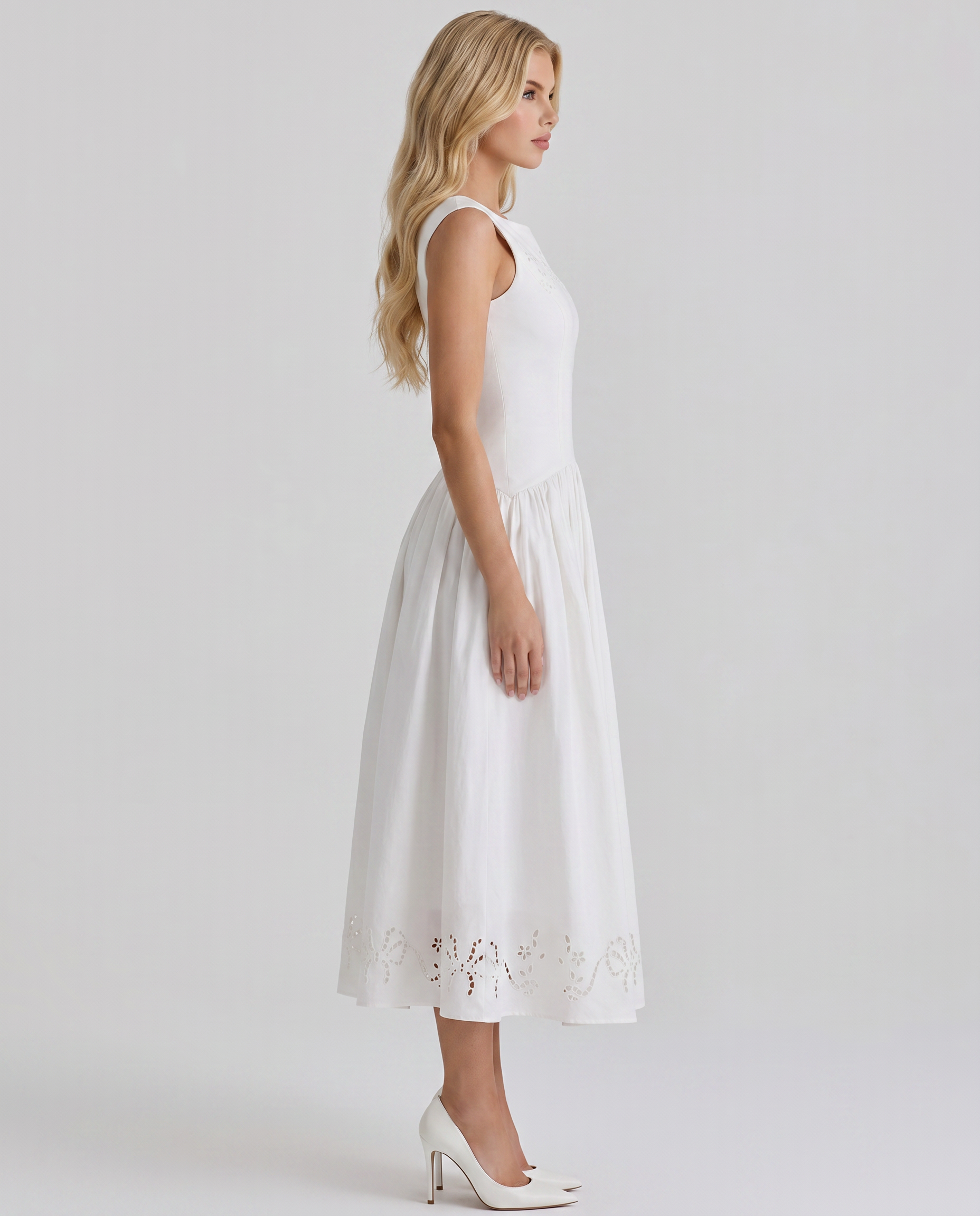 Women's Boat Neck Eyelet Midi Dress | White Casual Summer Dress