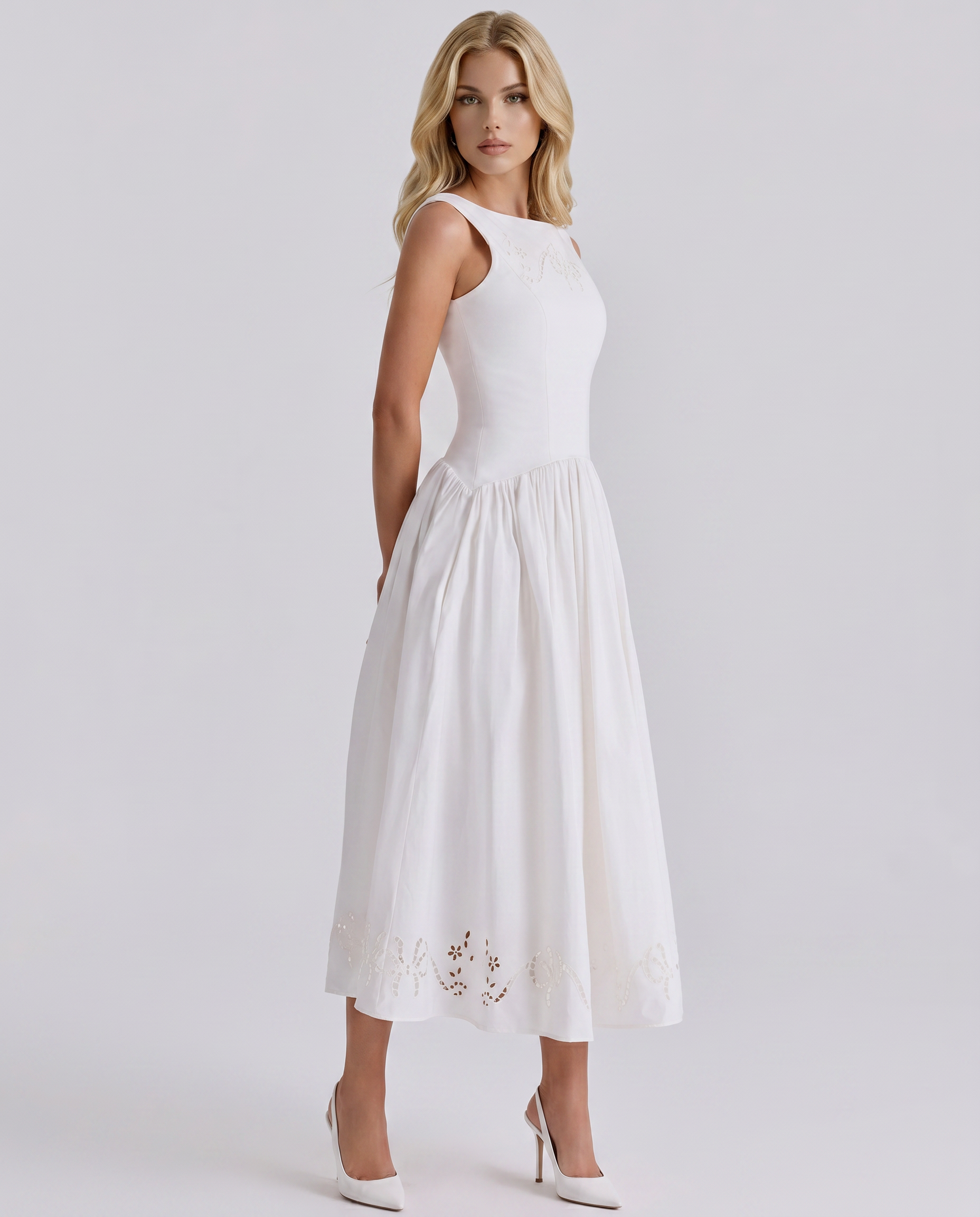 Women's Boat Neck Eyelet Midi Dress | White Casual Summer Dress