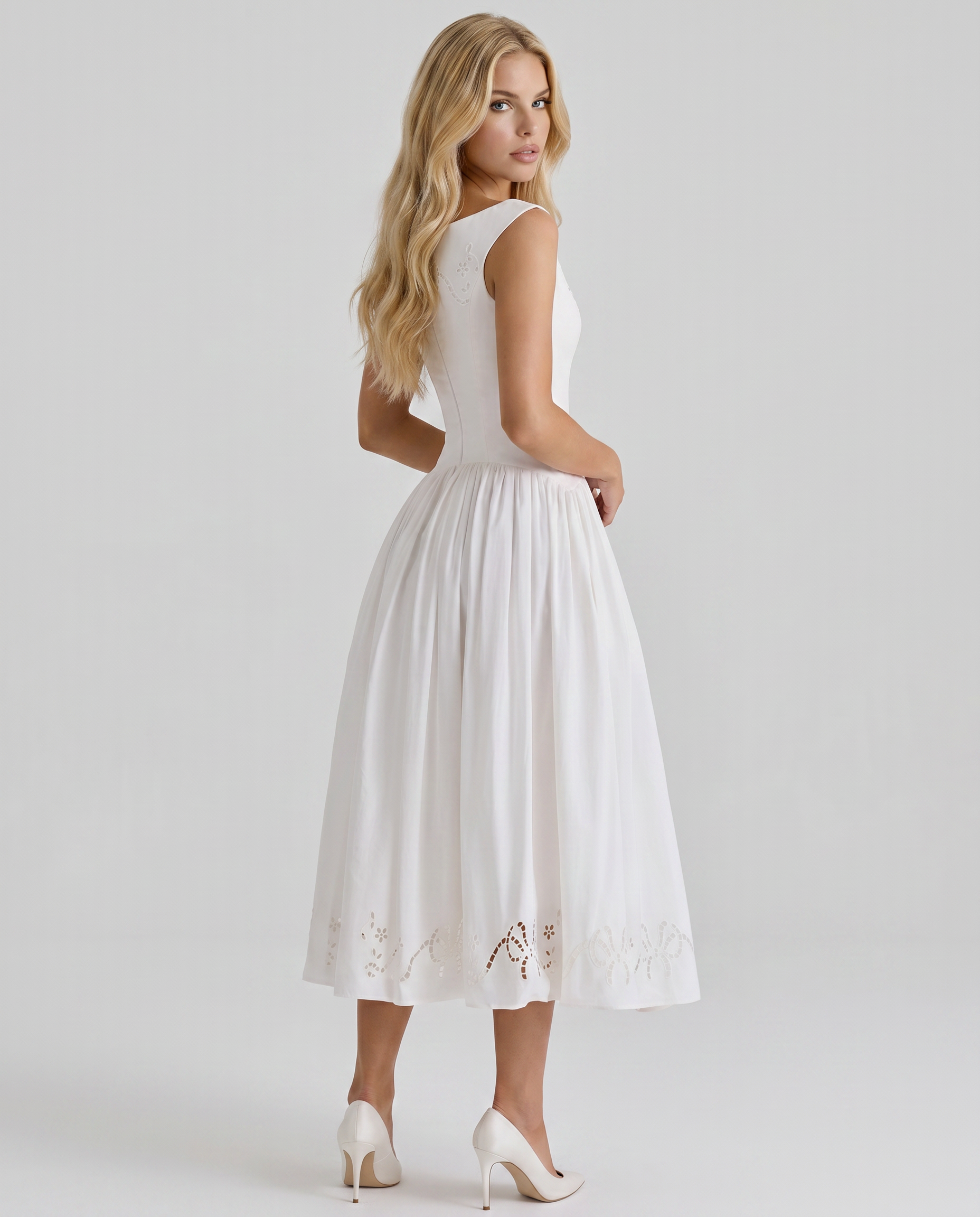 Women's Boat Neck Eyelet Midi Dress | White Casual Summer Dress