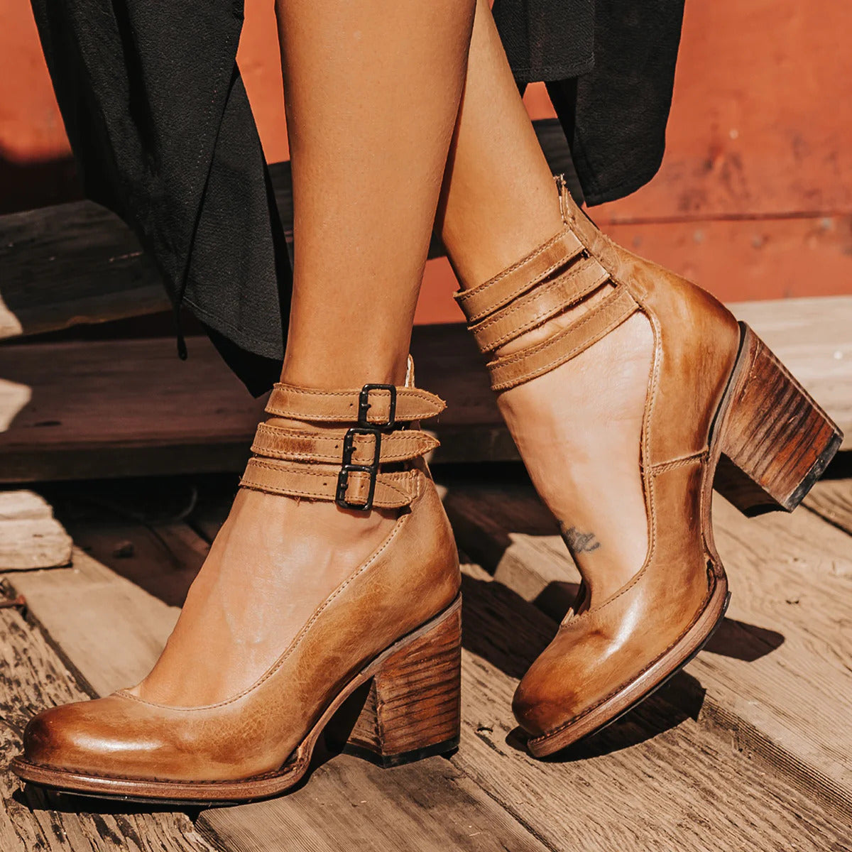 Women's Boho Ankle Boots | Double Buckle Strap Stacked Block Heel