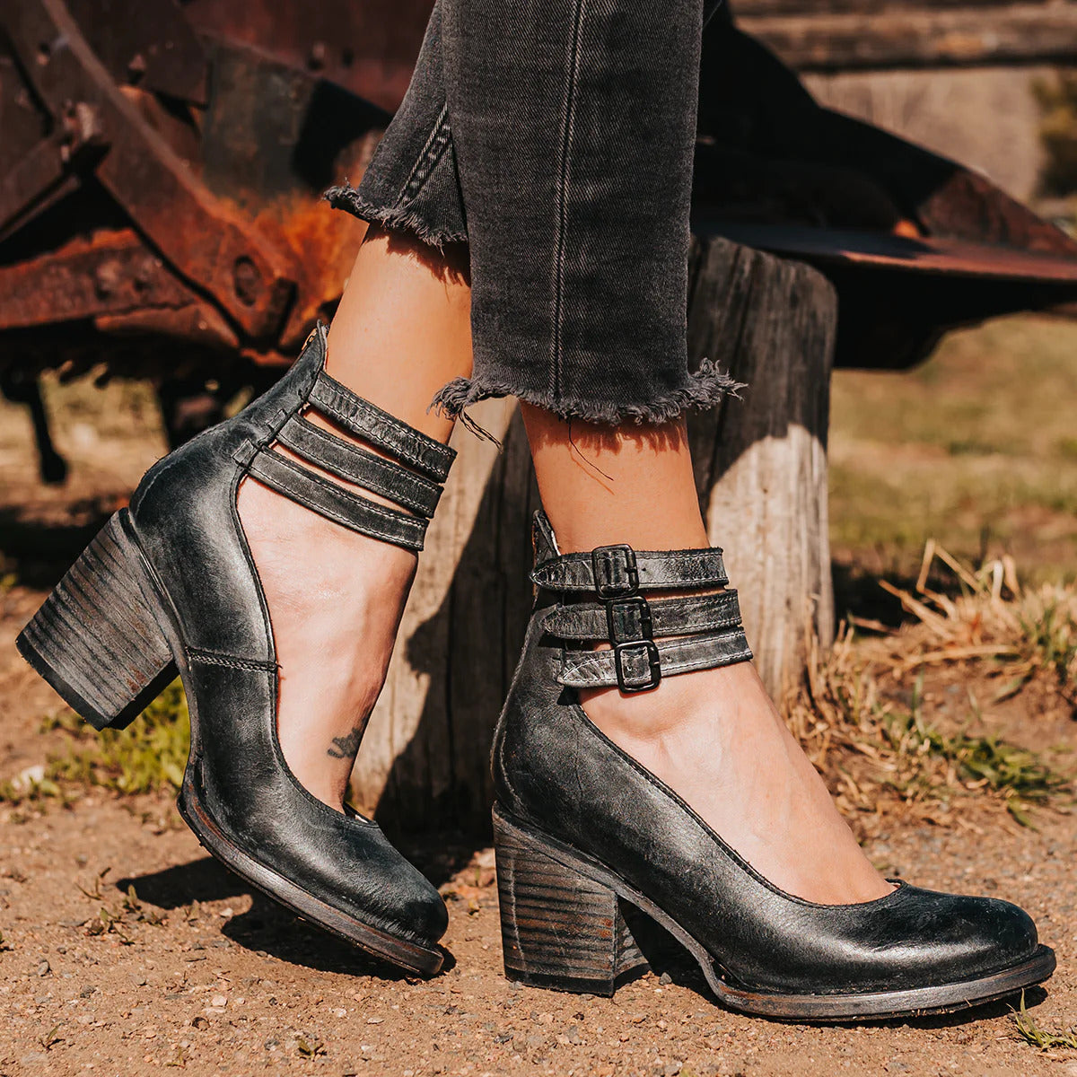Women's Boho Ankle Boots | Double Buckle Strap Stacked Block Heel
