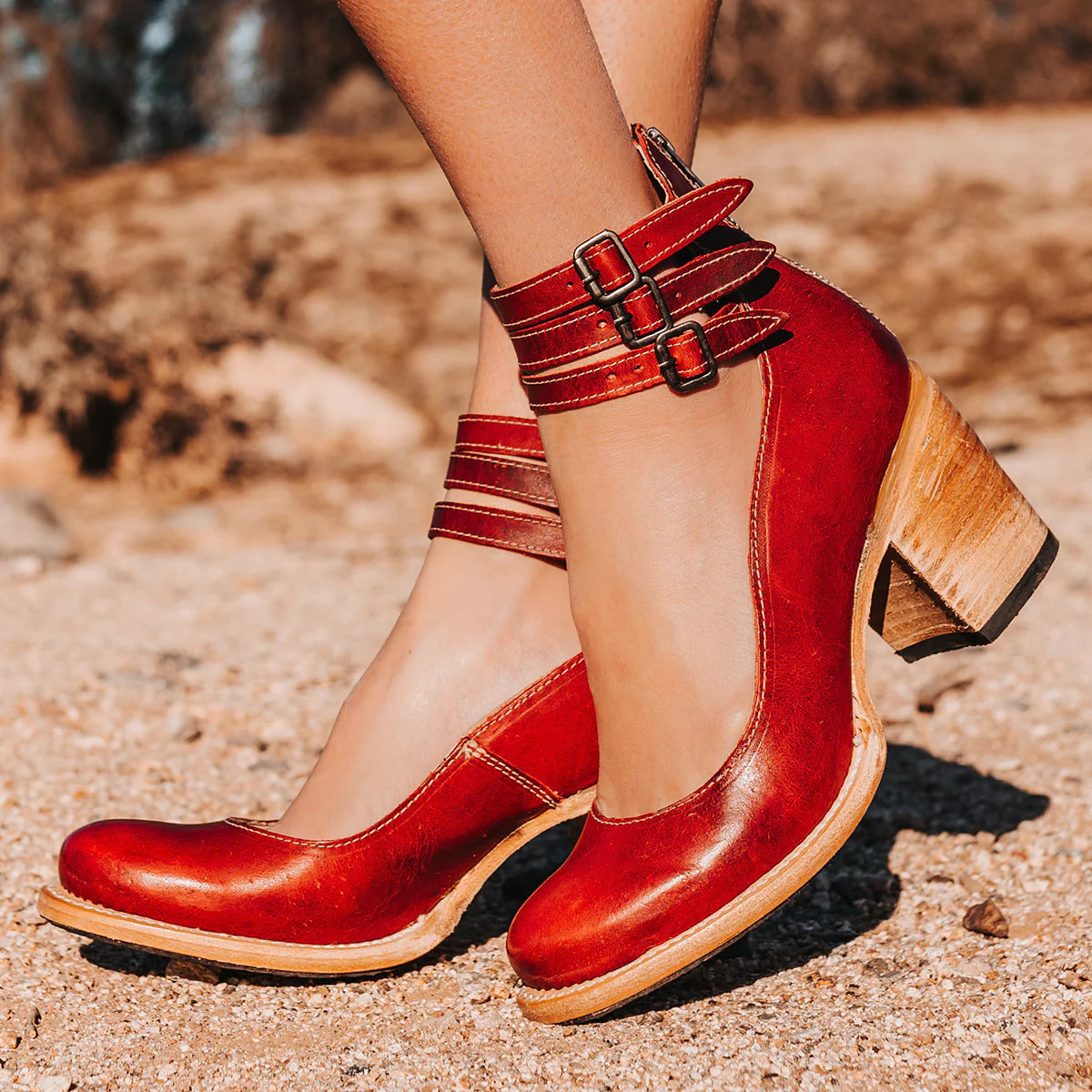 Women's Boho Ankle Boots | Double Buckle Strap Stacked Block Heel