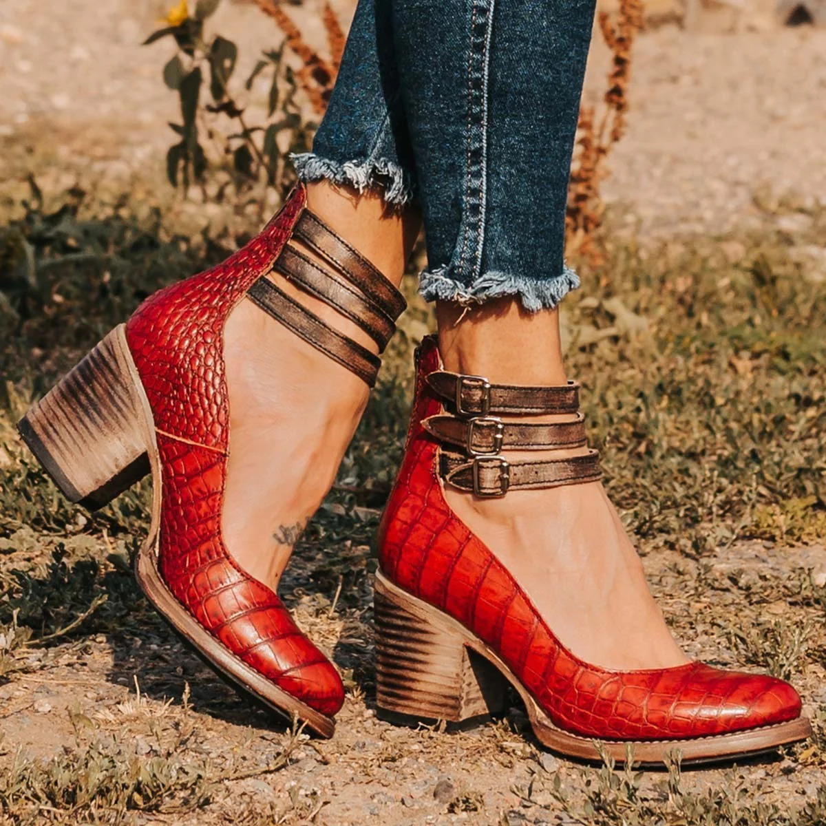 Women's Boho Ankle Boots | Double Buckle Strap Stacked Block Heel