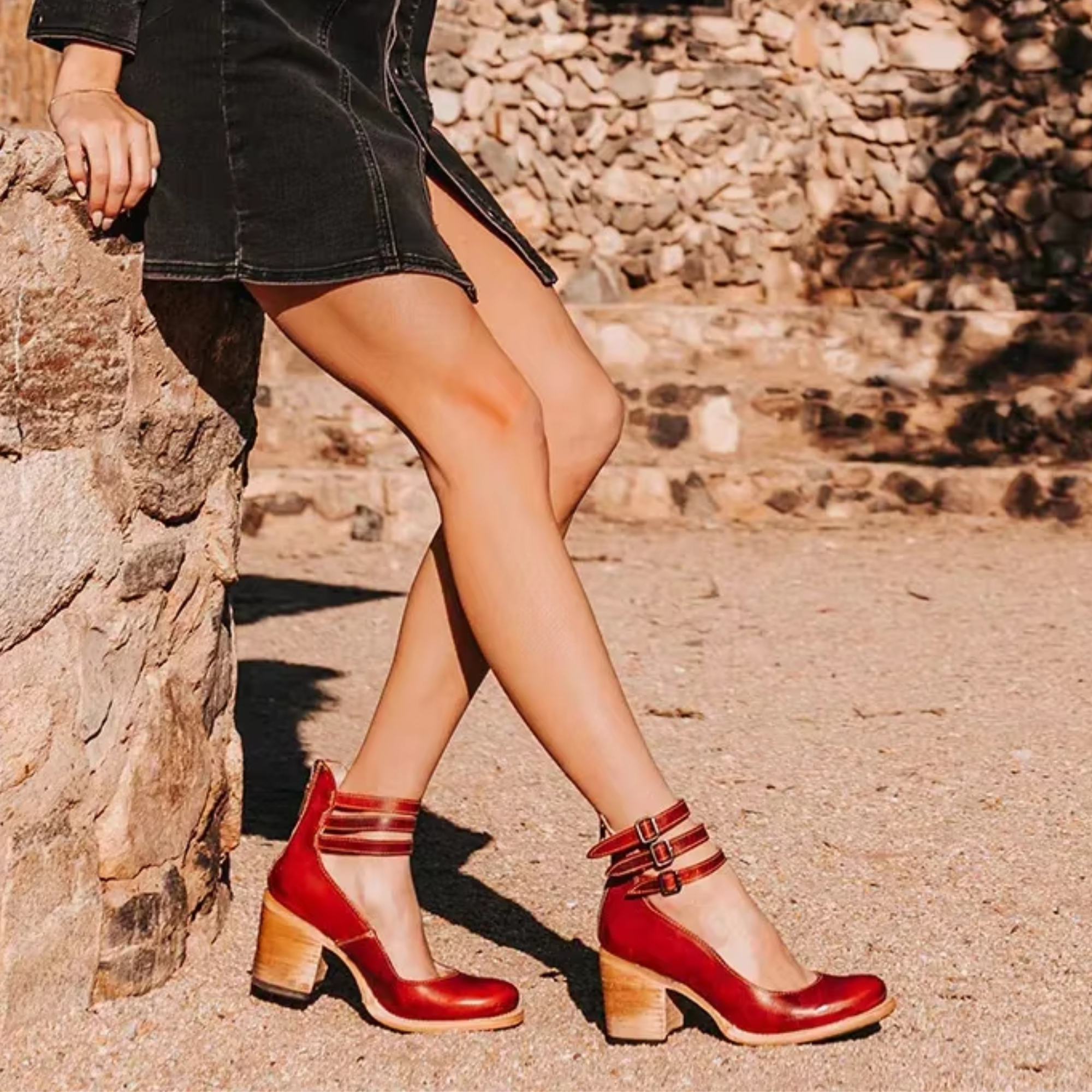 Women's Boho Ankle Boots | Double Buckle Strap Stacked Block Heel