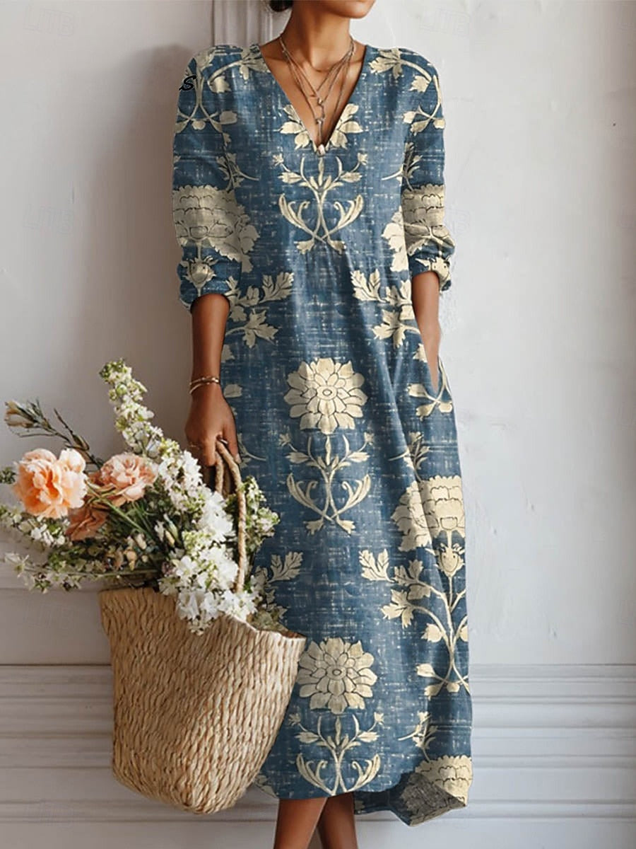 Women's Boho Linen Floral V-Neck Midi Dress with Pockets | Casual Summer Dress
