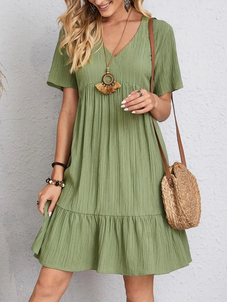Women's Boho Mini Dress | V-Neck Short Sleeve Crinkle Ruffle Hem