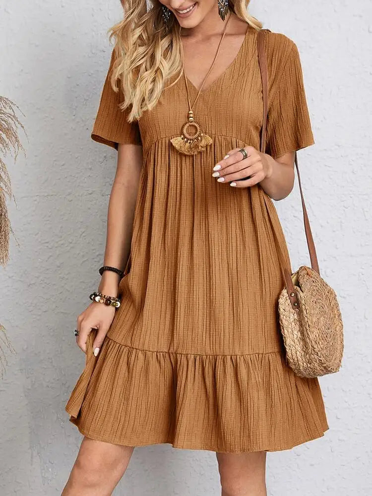 Women's Boho Mini Dress | V-Neck Short Sleeve Crinkle Ruffle Hem