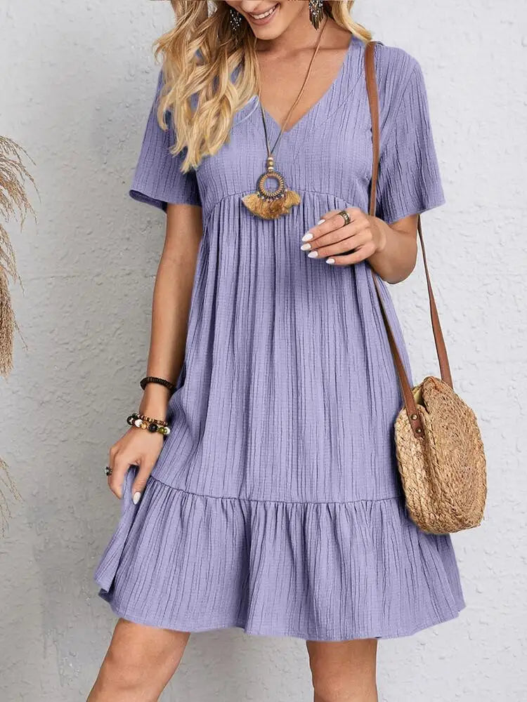 Women's Boho Mini Dress | V-Neck Short Sleeve Crinkle Ruffle Hem
