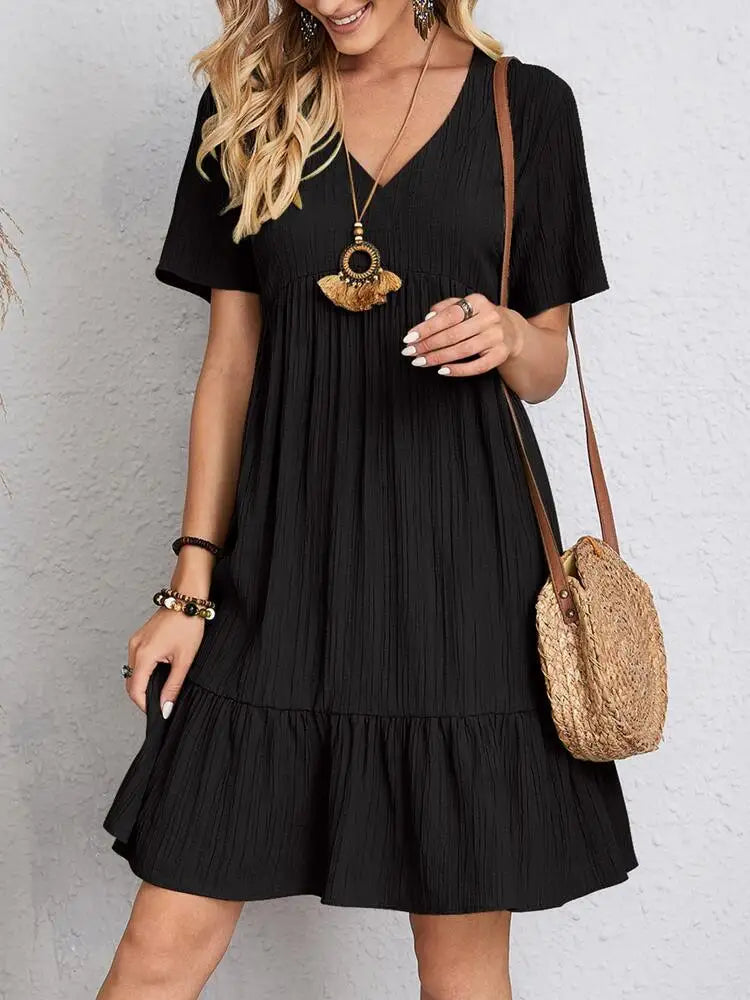 Women's Boho Mini Dress | V-Neck Short Sleeve Crinkle Ruffle Hem