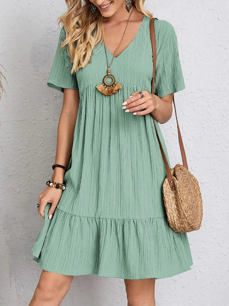 Women's Boho Mini Dress | V-Neck Short Sleeve Crinkle Ruffle Hem