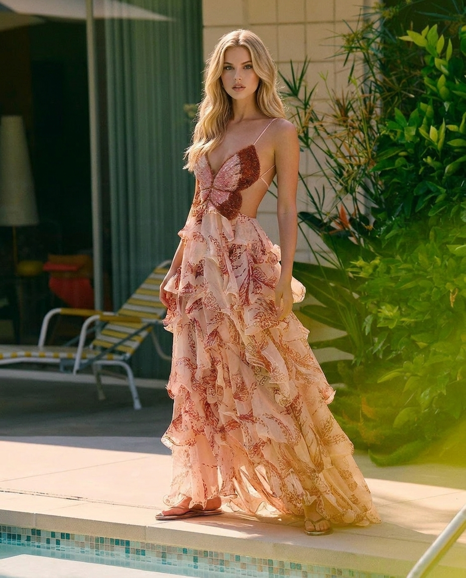 Women's Butterfly Appliqué Tiered Maxi Dress | Brown Formal Evening Dress