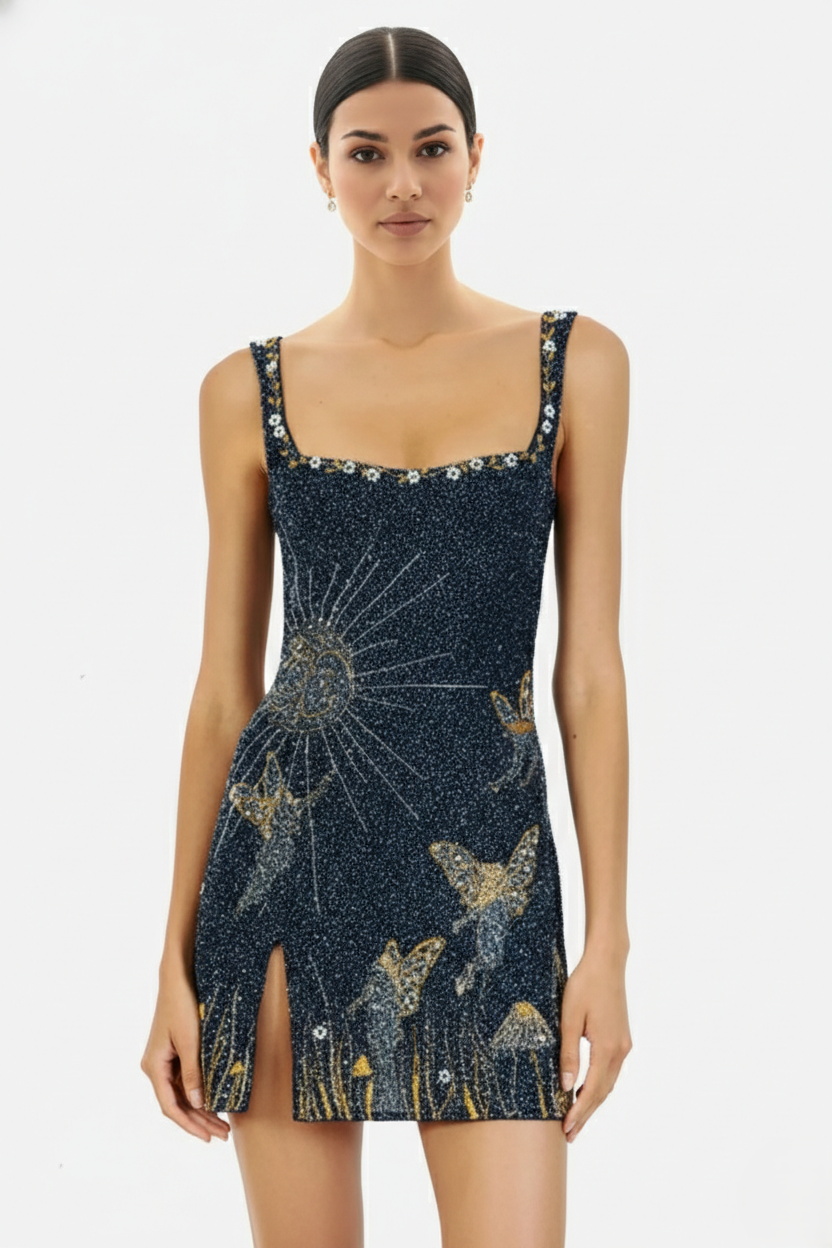 women's butterfly embroidered square neck mini dress - blue front view
