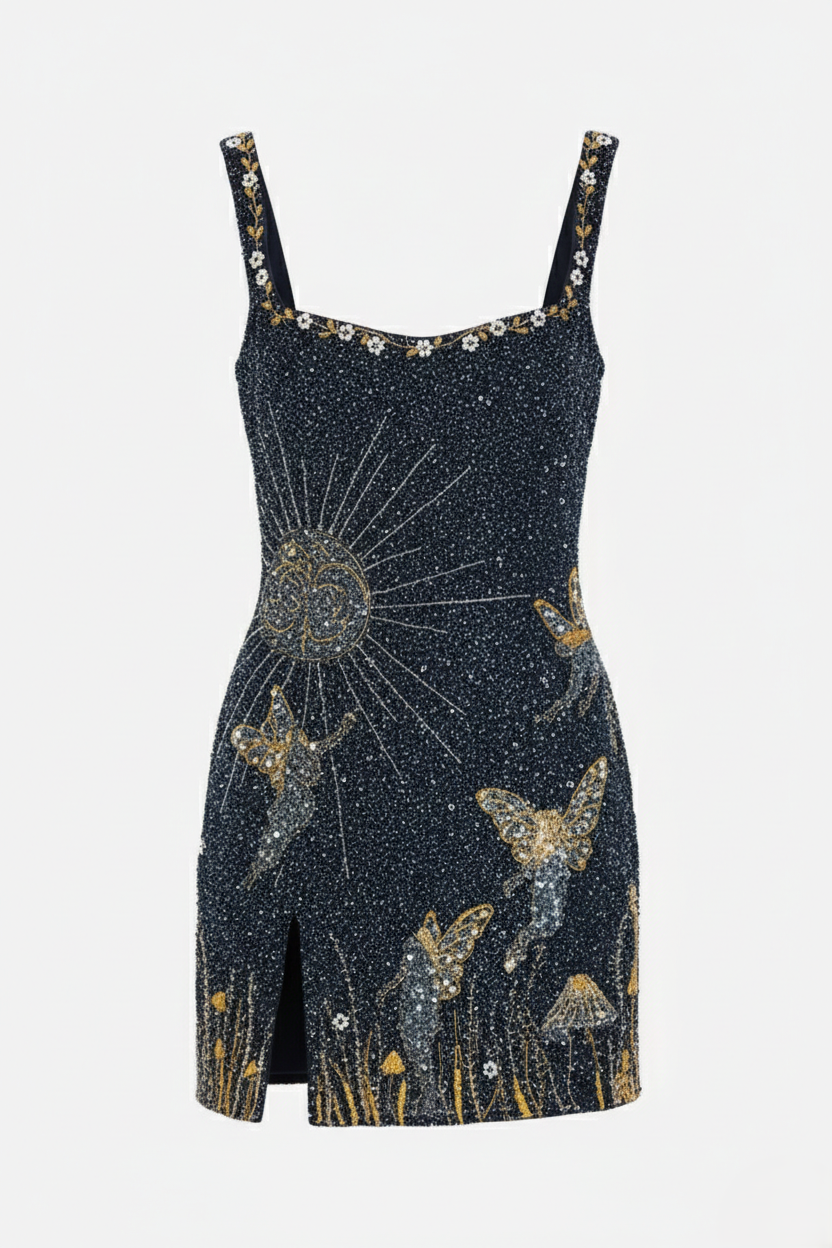 women's butterfly embroidered square neck mini dress - embroidery detail