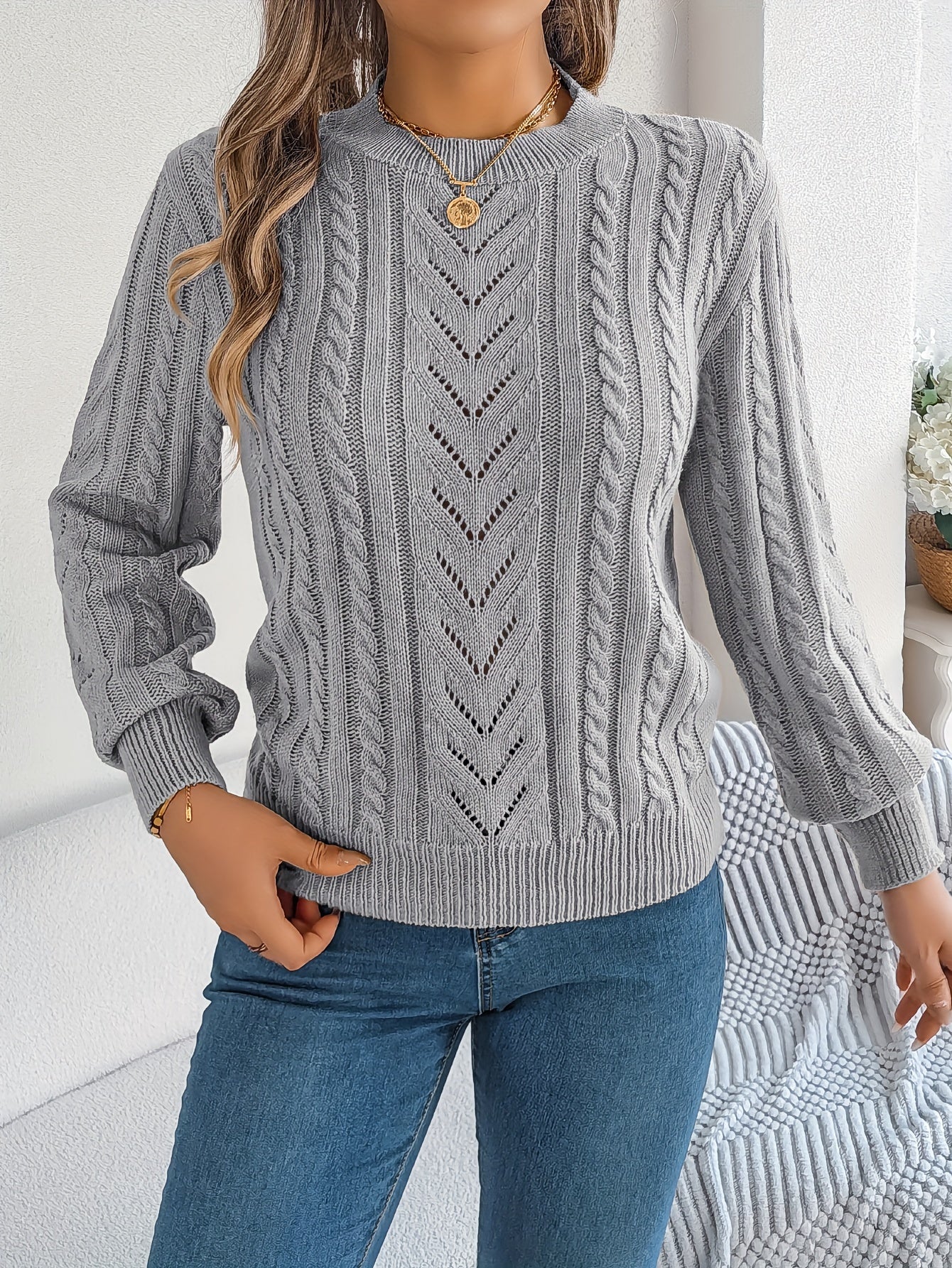 Women's Cable-Knit Textured Sweater - photo 13