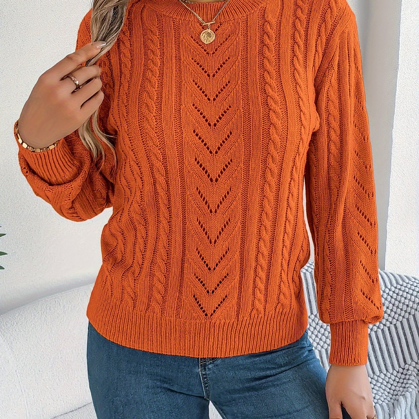 Women's Cable-Knit Textured Sweater - photo 15
