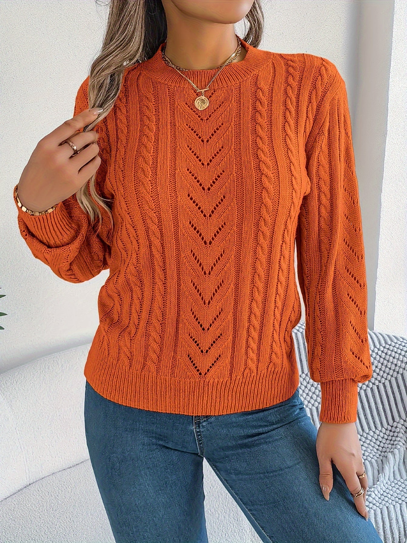 Women's Cable-Knit Textured Sweater - photo 16