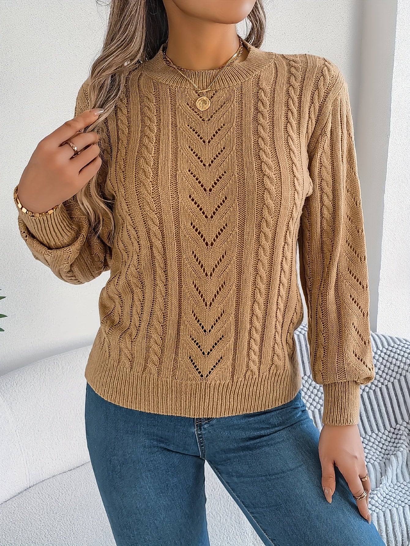 Women's Cable-Knit Textured Sweater - photo 2