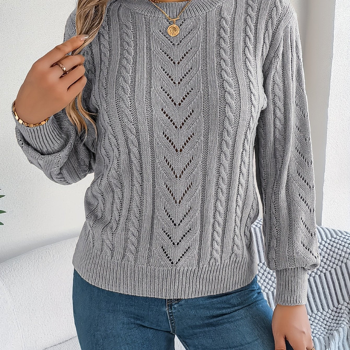 Women's Cable-Knit Textured Sweater - photo 8