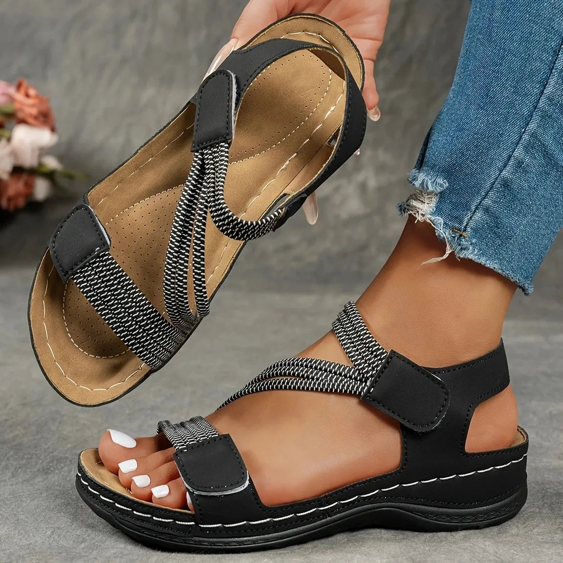 Women's Open Toe Cross Strap Velcro Wedge Comfort Sandals Summer Casual