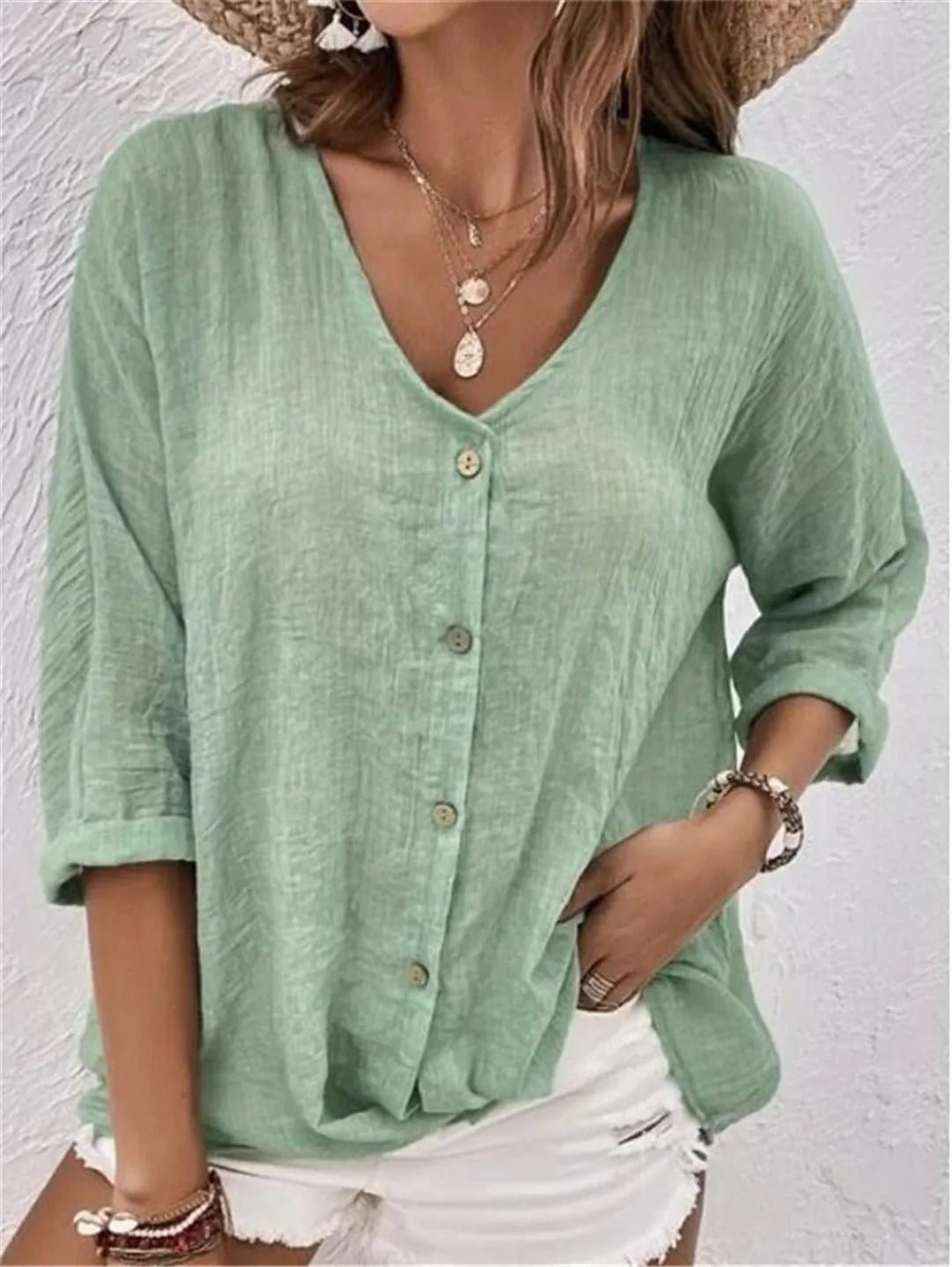 Women's Linen-Look V-Neck Button-Down 3/4 Sleeve Relaxed Blouse Casual Everyday