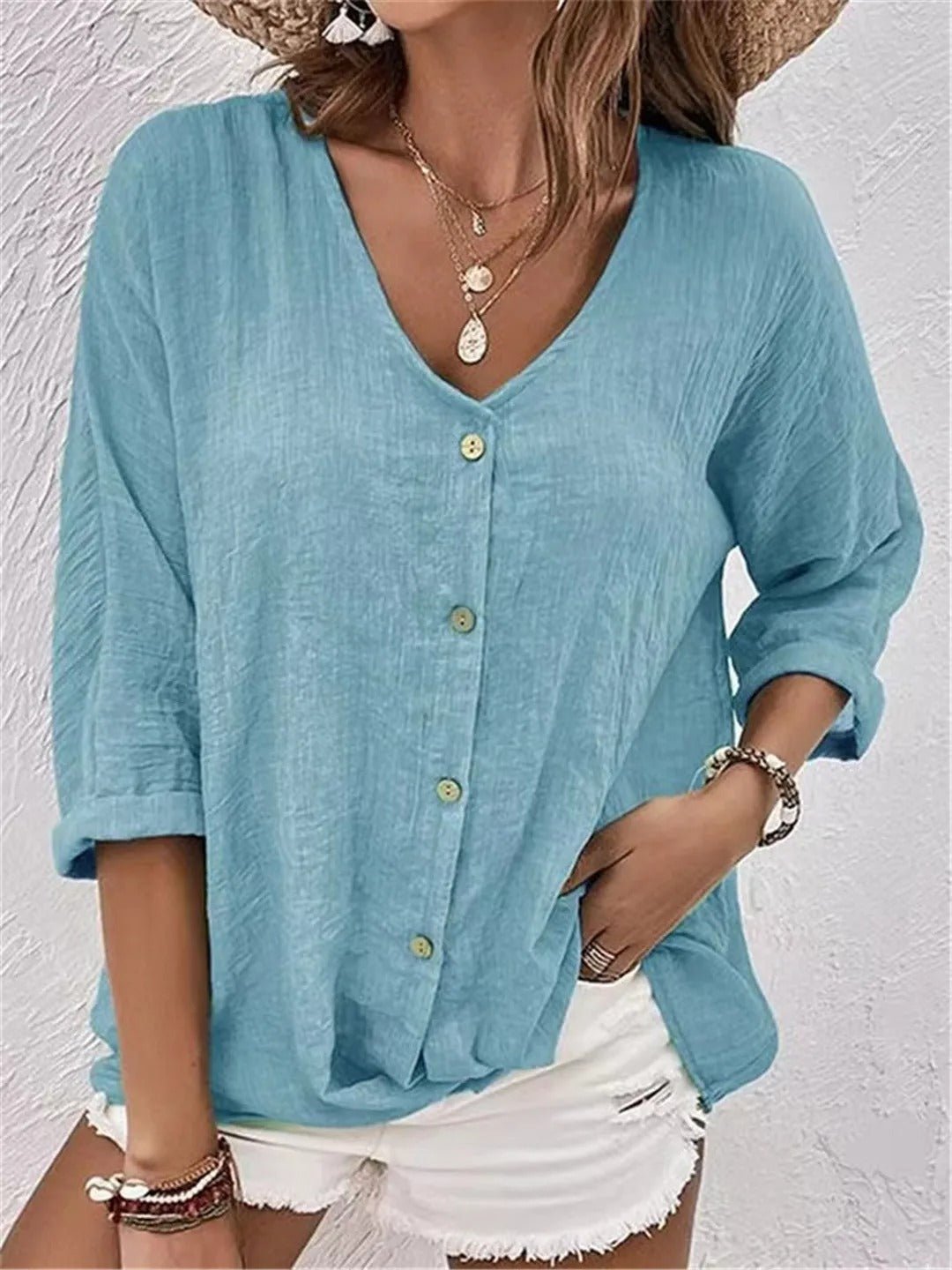 Women's Linen-Look V-Neck Button-Down 3/4 Sleeve Relaxed Blouse Casual Everyday