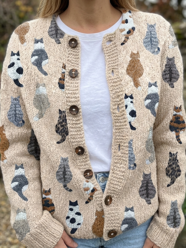 Women's cat print knit cardigan - front view