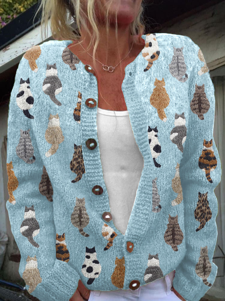 Women's cat print knit cardigan - detail view
