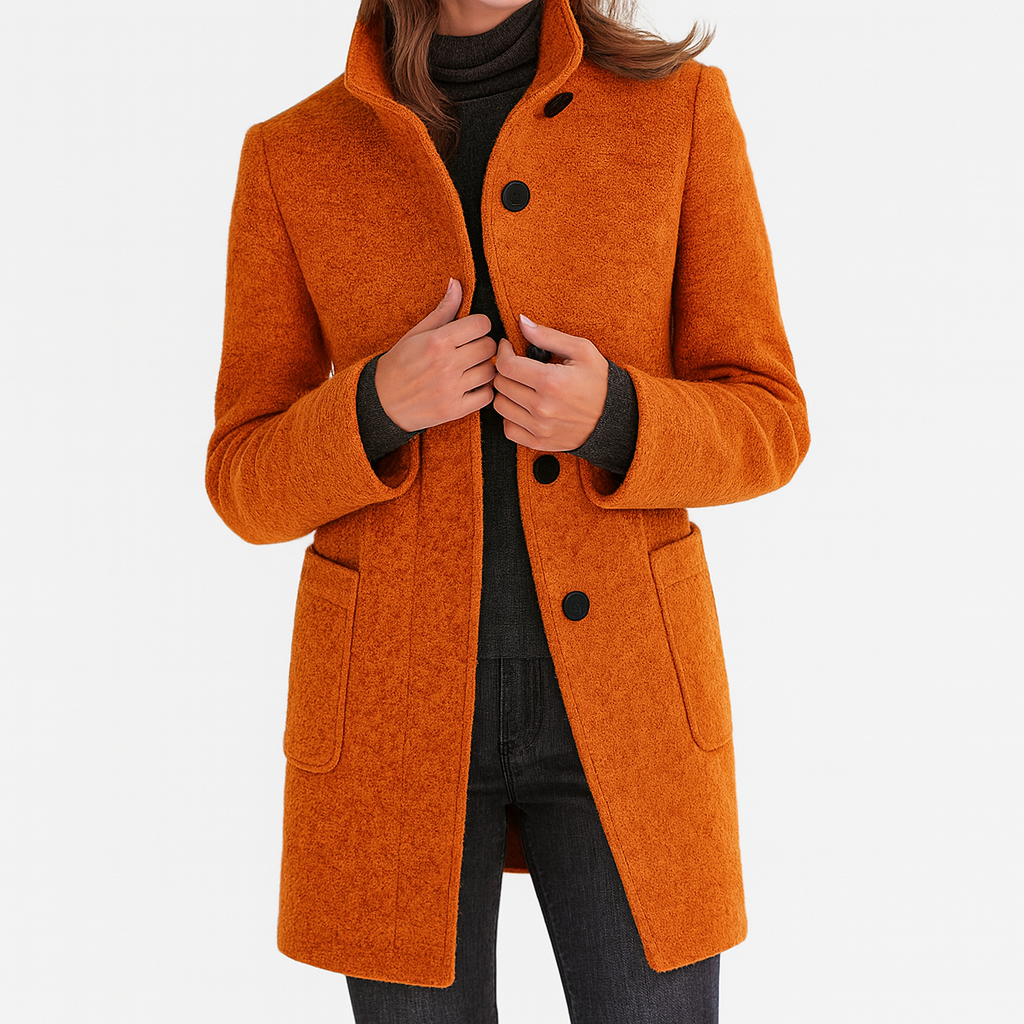 womens classic long coat | timeless elegant overcoat - close-up view