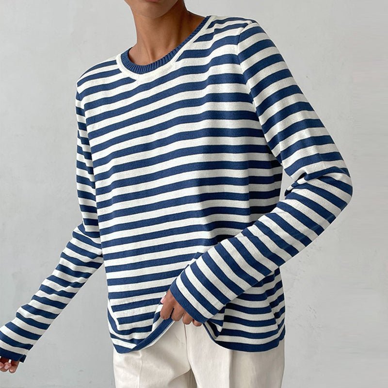 Women's navy blue striped long-sleeve cotton sweater - front view