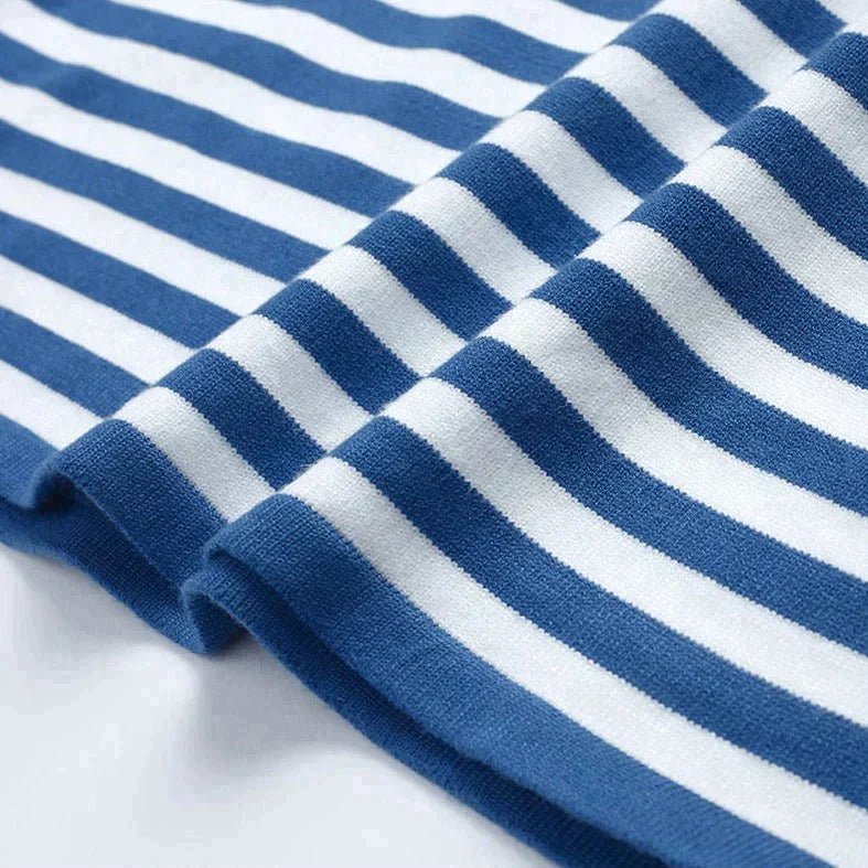 Women's navy blue striped cotton sweater - size detail