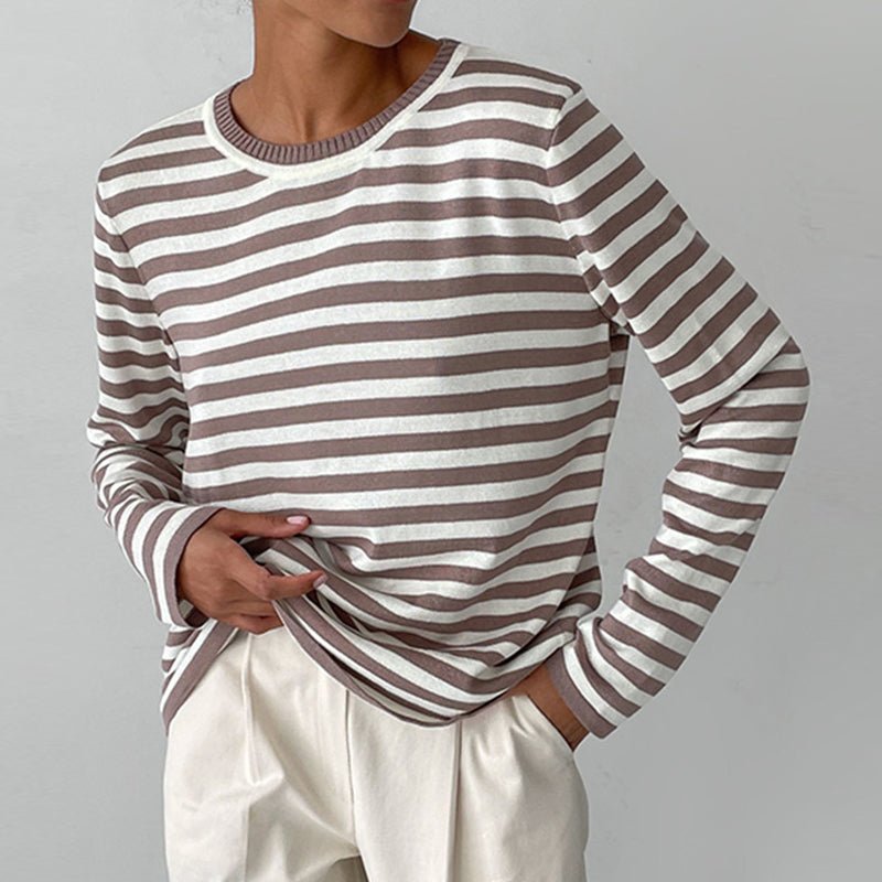 Women's navy blue striped cotton sweater - side view
