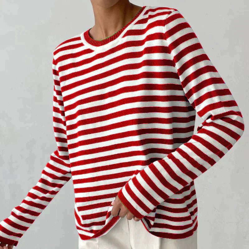 Women's navy blue striped cotton sweater - detail view