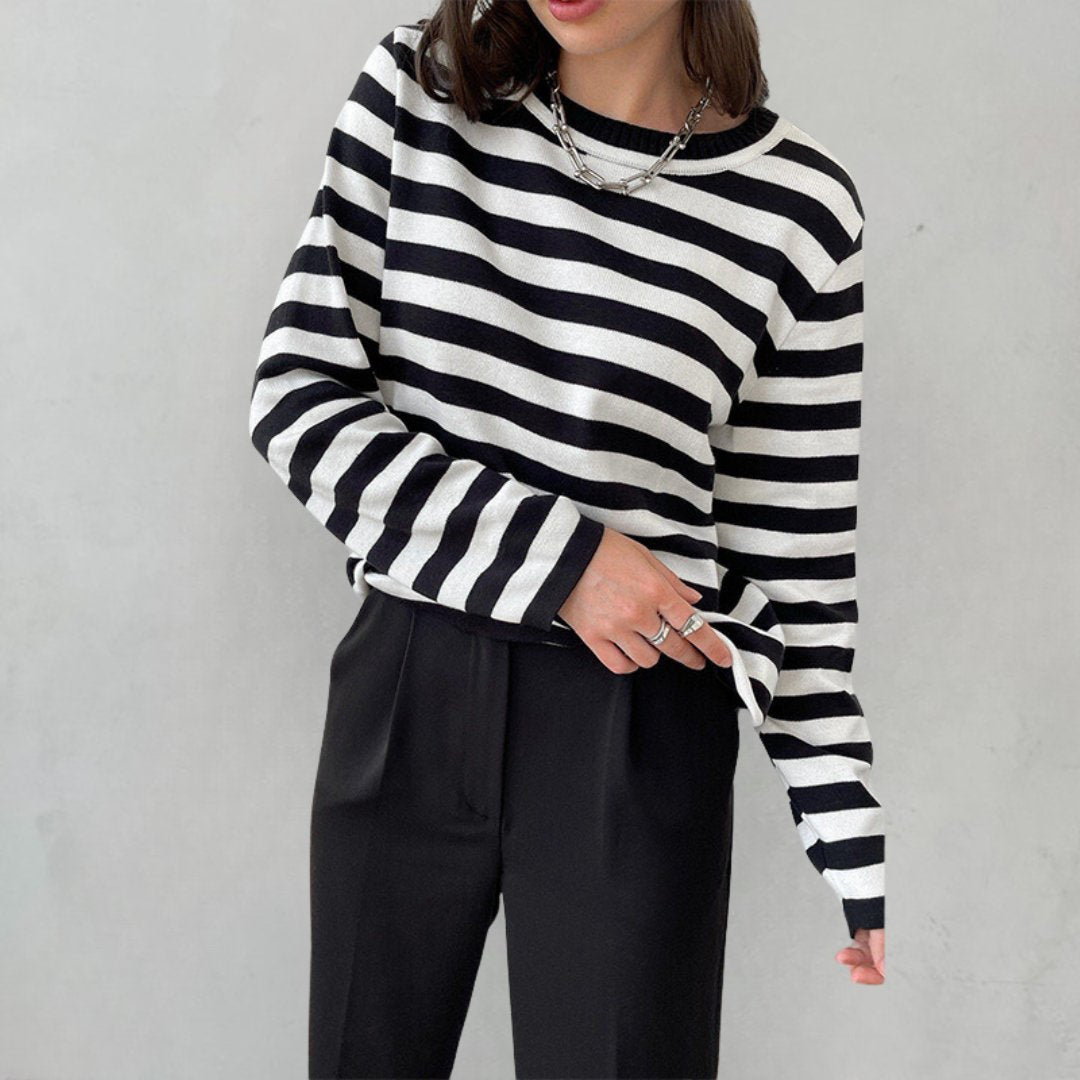 Women's navy blue striped cotton sweater - full view