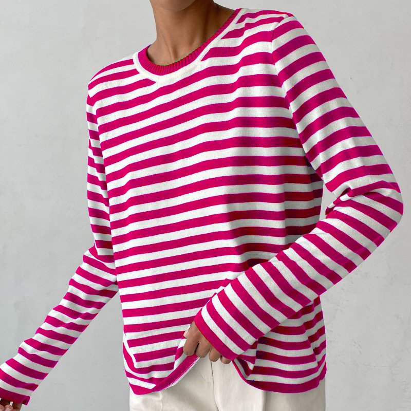 Women's navy blue striped cotton sweater - lifestyle view