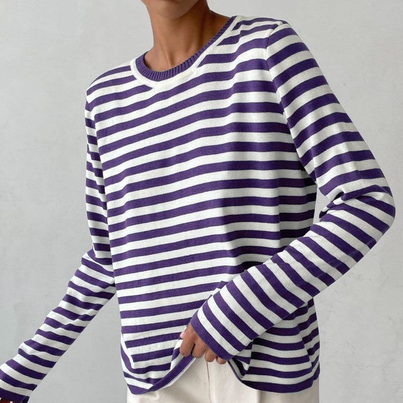 Women's navy blue striped cotton sweater - worn view